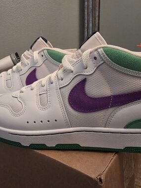Nike Men's White Sneakers with Purple Swoosh and Green Accents